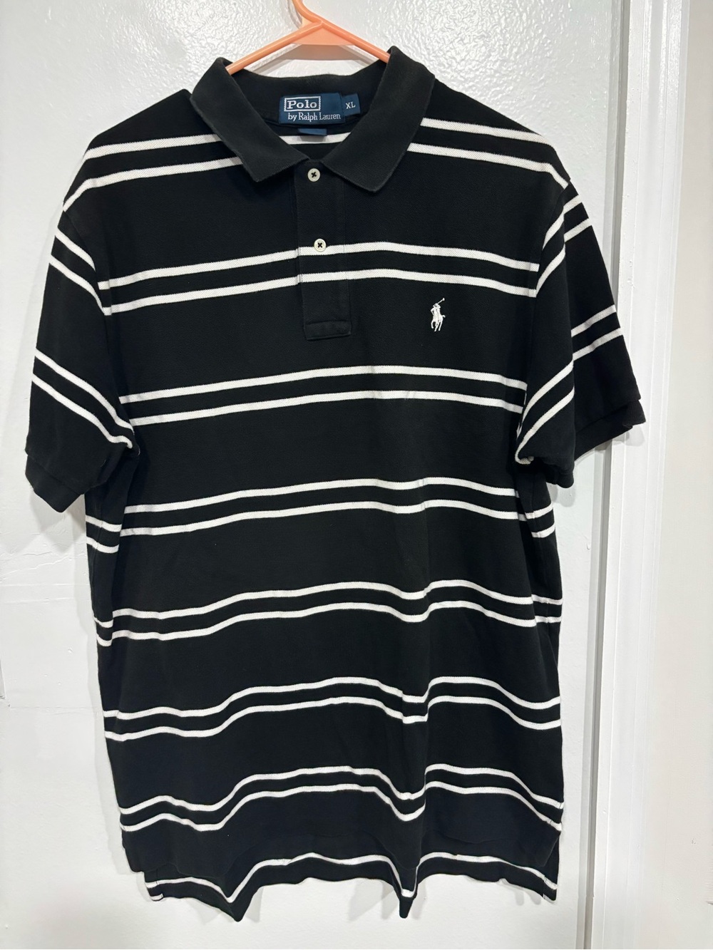 Polo by Ralph Lauren Black & White Striped Cotton Polo Shirt Xl